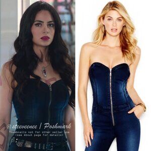 Guess Moto Strapless Front Zip Denim Jumpsuit ASO Isabelle Lightwood